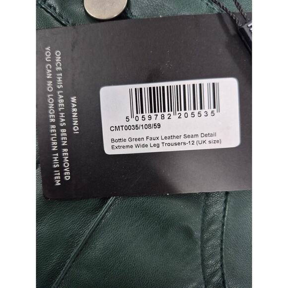NWT Prettylittlething Bottle Green Faux Leather Extreme Wide Leg Trouser Sz 10 - Picture 4 of 5
